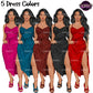Fashion woman clipart wearing elegant midi dresses with side slits in pink, blue, brown, black and red, featuring long black wavy hair and heels, PNG images with transparent backgrounds