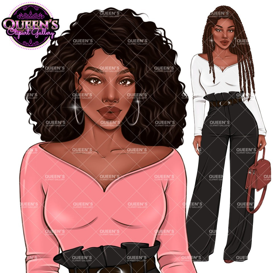 Black woman fashion clipart featuring short curly Afro hair and long brown braids, stylish tops, black wide leg pants, hoop earrings, handbag, and transparent background