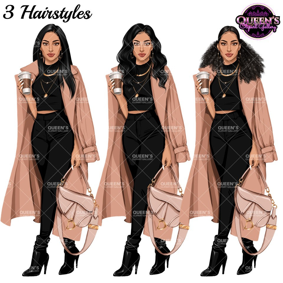Woman Clipart | Fashion Woman Clipart | Fashion Woman Clipart | Coffee Woman PNG | Trench Coat Girl Clipart | Coffee Illustration