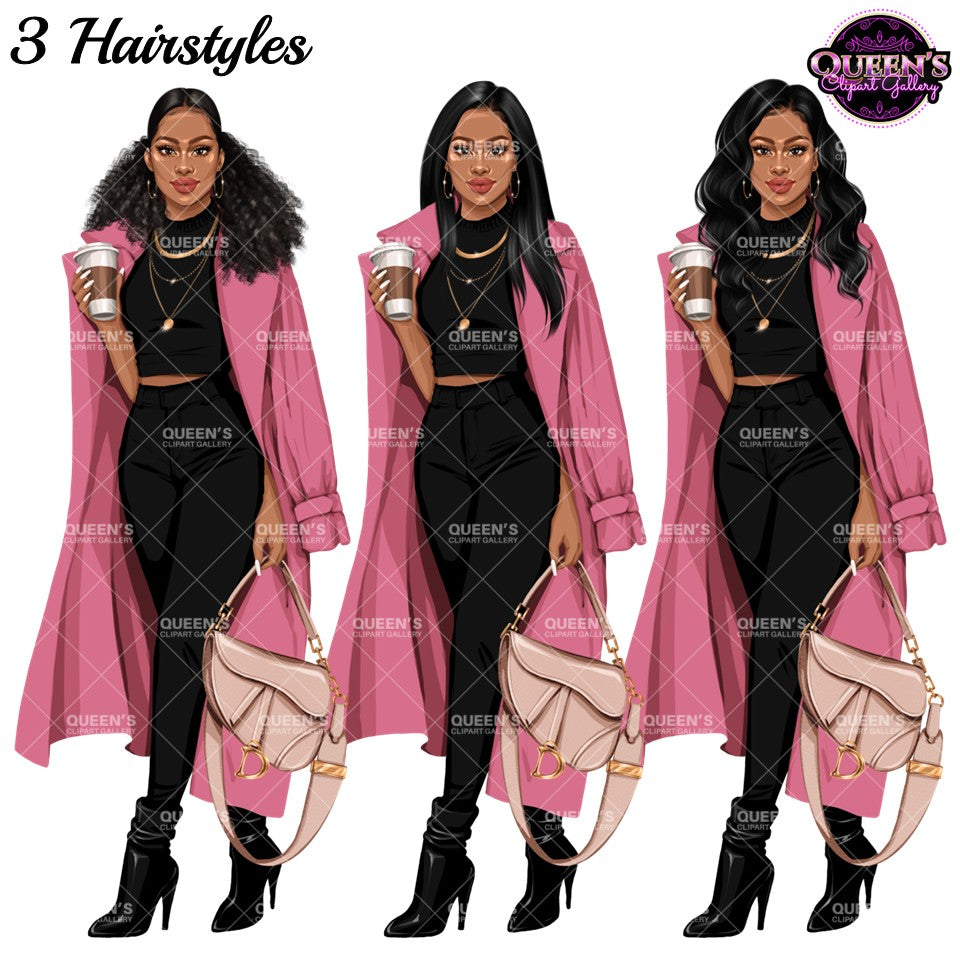 Afro Woman | Fashion Woman Clipart | Fashion Woman Clipart | Coffee Woman PNG | Trench Coat Girl Clipart | Coffee Illustration