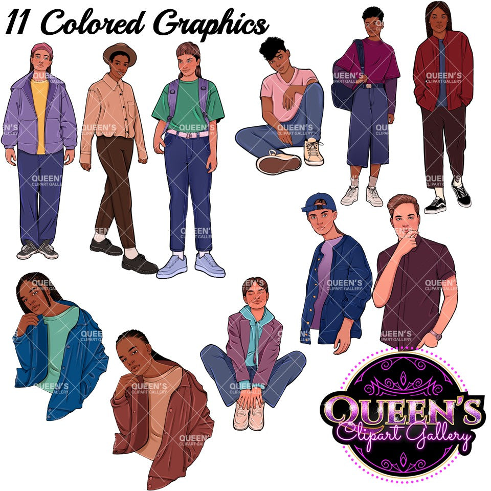 Gender neutral teen clipart featuring diverse teenagers and students in casual outfits, inclusive youth color PNG graphics with transparent backgrounds