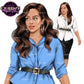 Curvy professional woman clipart PNG featuring business woman in blue blouse and black pencil skirt with alternate white blouse pose.
