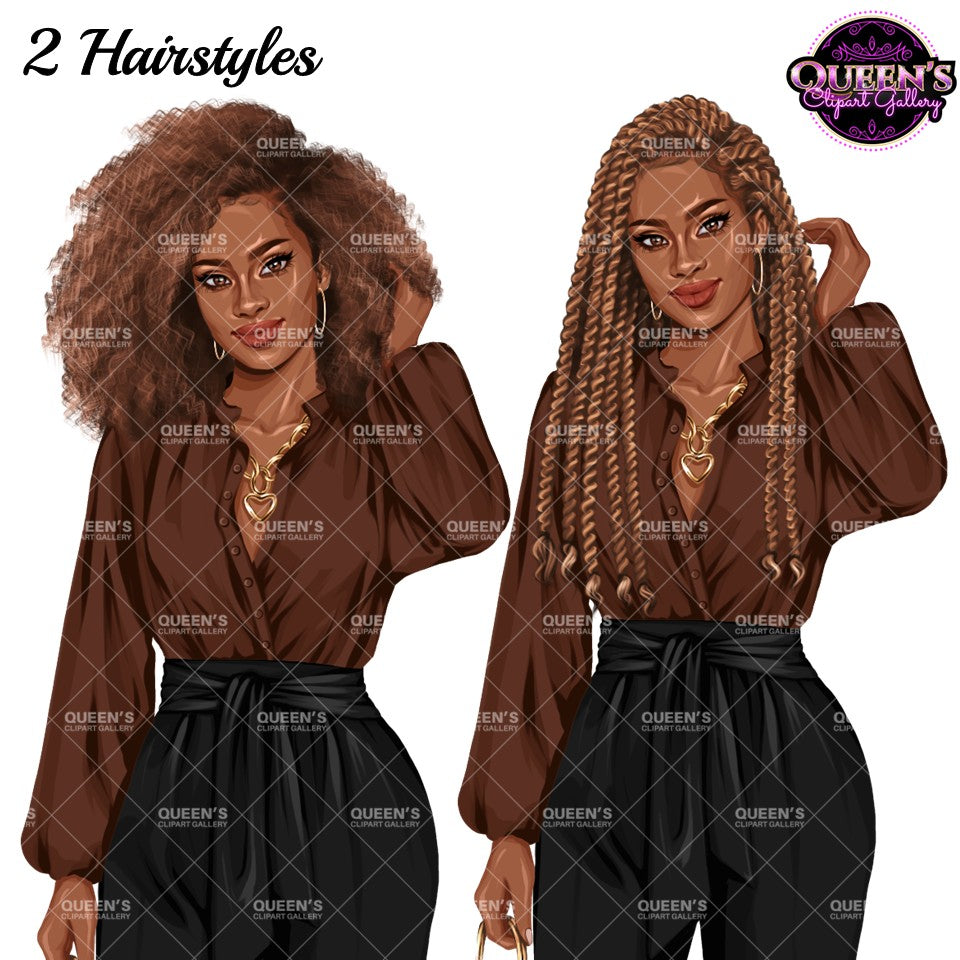 Black professional woman clipart featuring natural Afro and long braided hairstyles, brown blouse, black wide leg pants and gold jewelry.