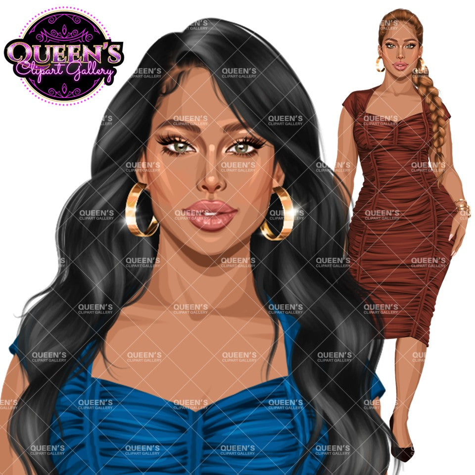 Elegant woman clipart featuring a fashionable female character with long black wavy hair, gold hoop earrings, and a blue fitted dress with a full-body brown dress variation.