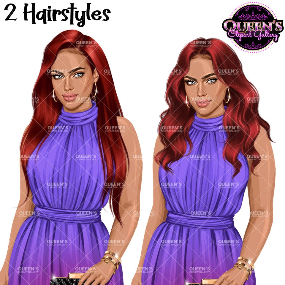 Fashion woman clipart featuring long red straight and wavy hairstyles,  elegant high-neck jumpsuits, gold hoop earrings, and transparent backgrounds.