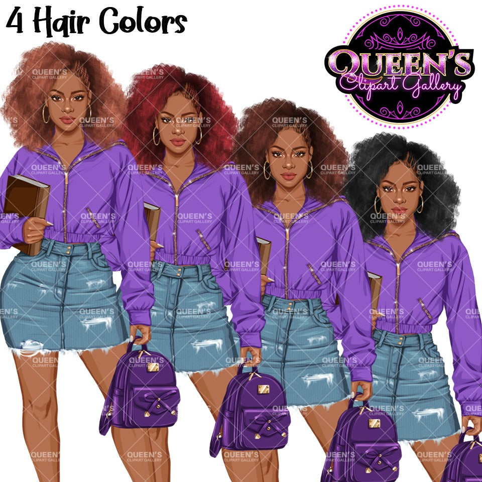 Afro Teen Girl Clipart PNG | Teen Girl in Denim Skirt | Black Teen Girl Clipart | High School Girl Graphics | Fashion Teen PNG