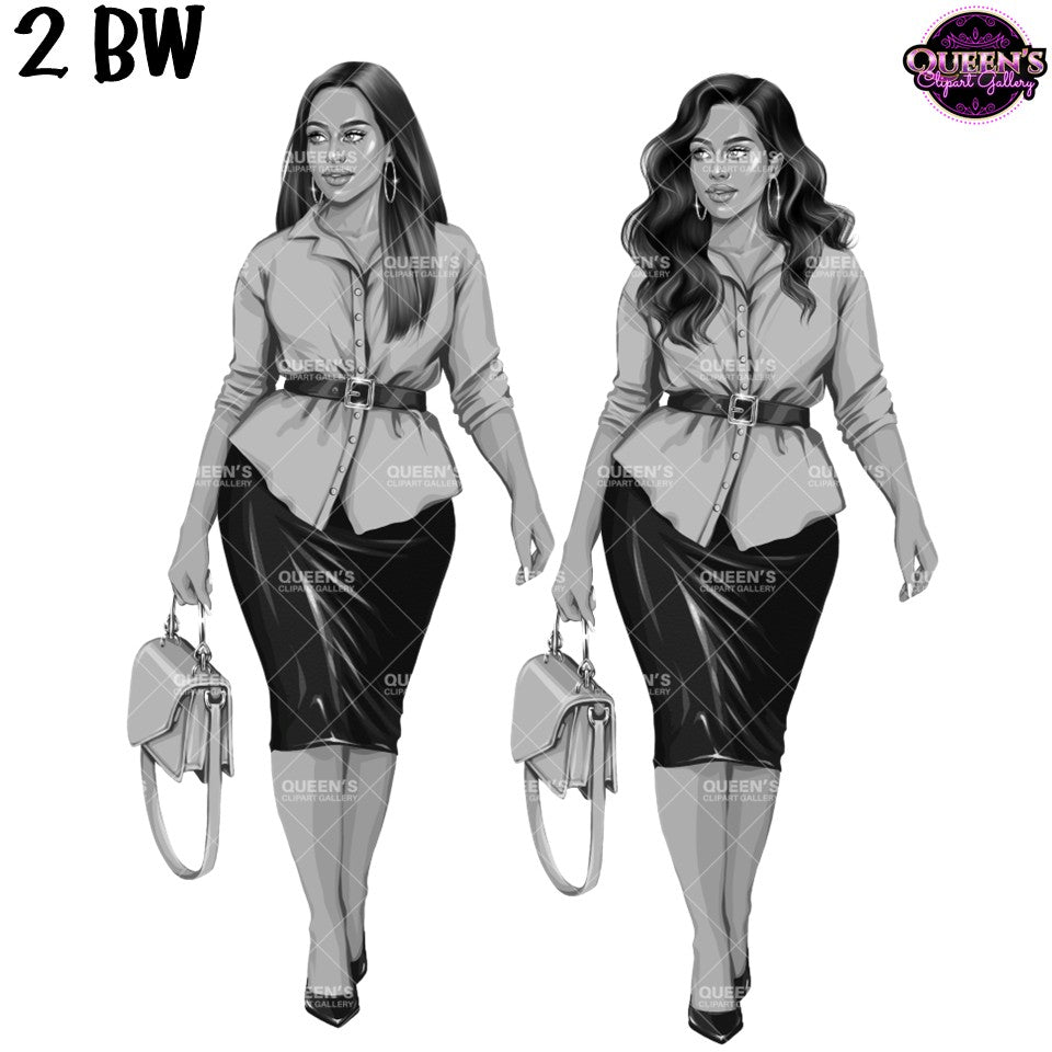 Black and white curvy business woman clipart featuring two hairstyles, professional blouse, pencil skirt and handbag.