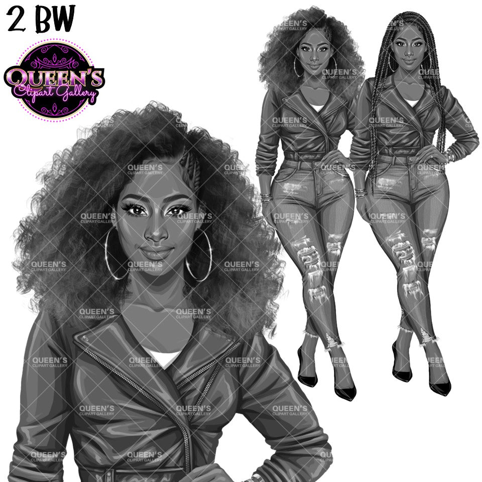 Black and white African American woman clipart with Afro hair and long braids wearing leather jackets and ripped denim jeans, fashion PNG images with transparent backgrounds