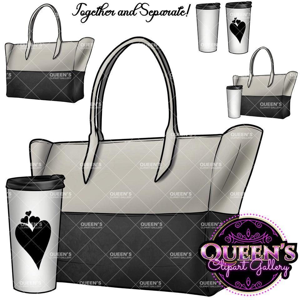 Cream and black tote bag clipart with white travel coffee cup, featuring handbag and coffee designs together and separately on transparent backgrounds.