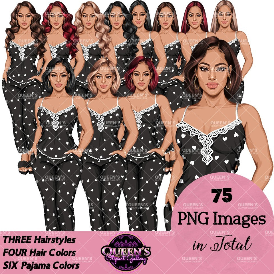 Non-African American white pajama girl clipart PNG featuring a stylish woman in heart print black sleepwear with multiple hairstyles, hair colors, pajama color variations, and transparent background. Woman clipart PNG, modern female illustration for planners, websites, educational resources, and commercial use.