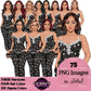 Non-African American white pajama girl clipart PNG featuring a stylish woman in heart print black sleepwear with multiple hairstyles, hair colors, pajama color variations, and transparent background. Woman clipart PNG, modern female illustration for planners, websites, educational resources, and commercial use.