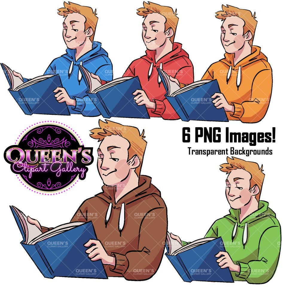 Boy student reading clipart holding an open book in blue, red, orange, brown and green hoodie variations with transparent backgrounds.