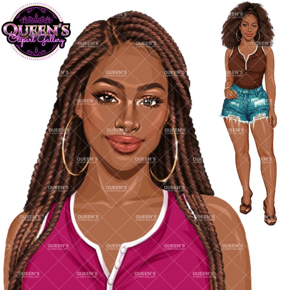 Black woman clipart with long brown braids and natural curly afro hair wearing colorful tops and distressed denim shorts, African American fashion PNG with transparent backgrounds