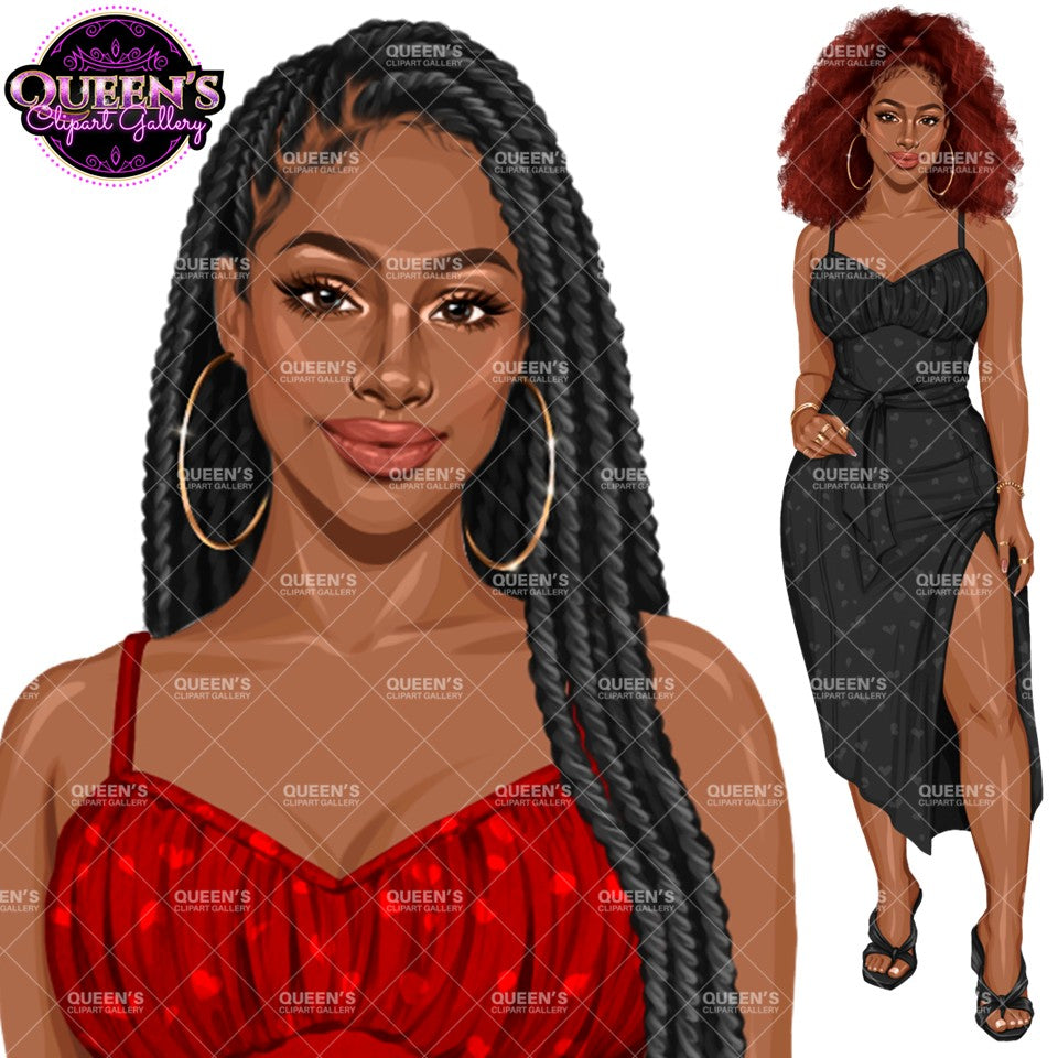 Black woman clipart with long black twists, hoop earrings and red heart print dress alongside full-body woman with red afro hair wearing a black dress, PNG images with transparent backgrounds