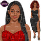 Black woman clipart with long black twists, hoop earrings and red heart print dress alongside full-body woman with red afro hair wearing a black dress, PNG images with transparent backgrounds