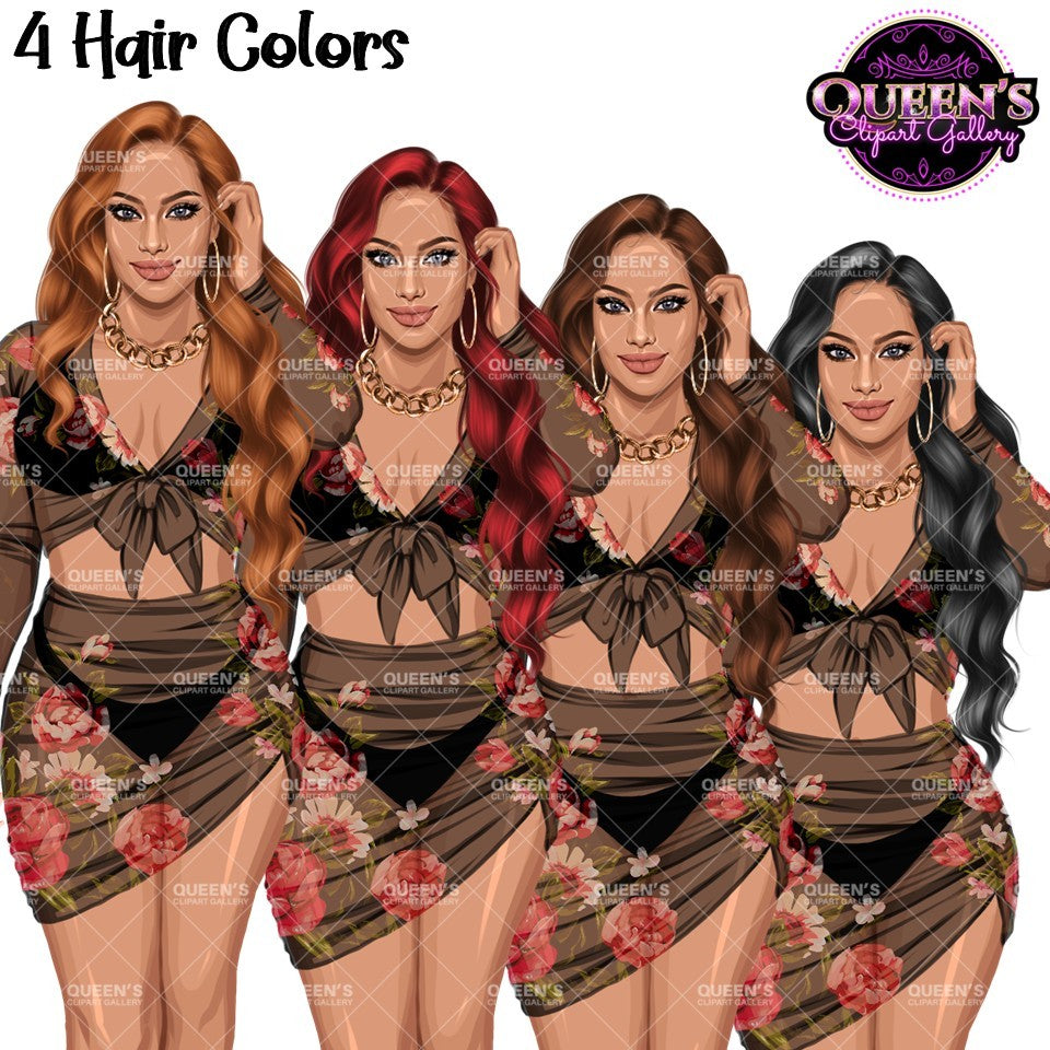 Floral swimsuit clipart PNG featuring a stylish  woman in a floral bathing suit with sheer cover-up and multiple hair colors and transparent background. Fashion woman clipart PNG, stylish female illustration for planners, websites, branding, and commercial use.