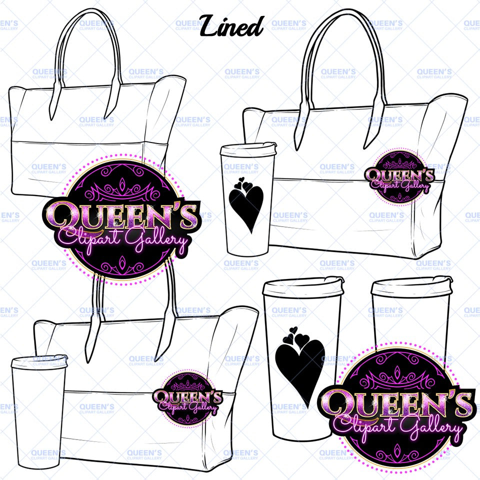 Black and white purse and coffee clipart featuring tote bag and travel coffee cup line art designs with transparent backgrounds.