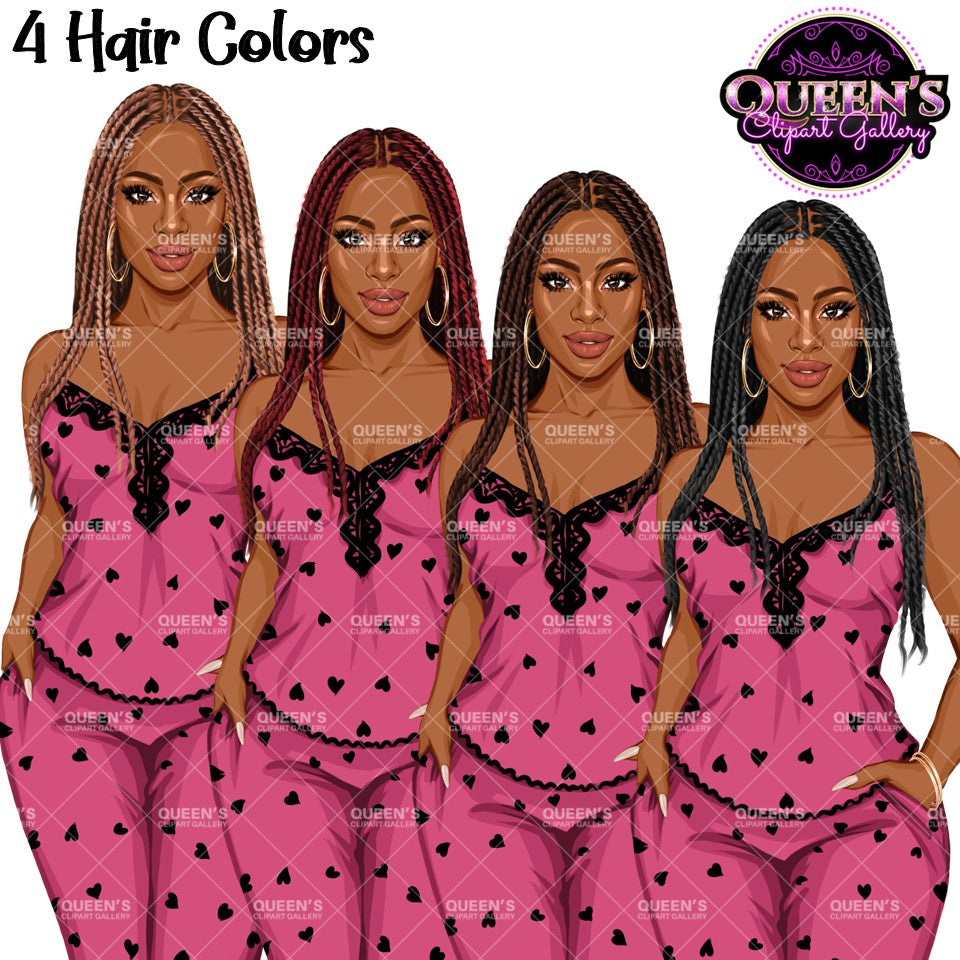 African American black pajama girl clipart PNG featuring a stylish woman in heart print pink sleepwear with long braids hairstyle in four hair colors and transparent background. Woman clipart PNG, modern female illustration for planners, websites, educational resources, and commercial use. 