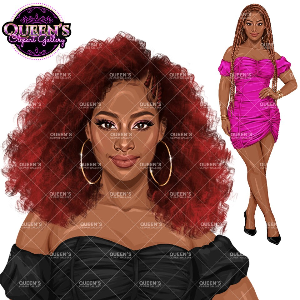 Black woman afro clipart with voluminous curly red hair and elegant fashion mini dress, PNG illustration with transparent background