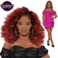 Black woman afro clipart with voluminous curly red hair and elegant fashion mini dress, PNG illustration with transparent background