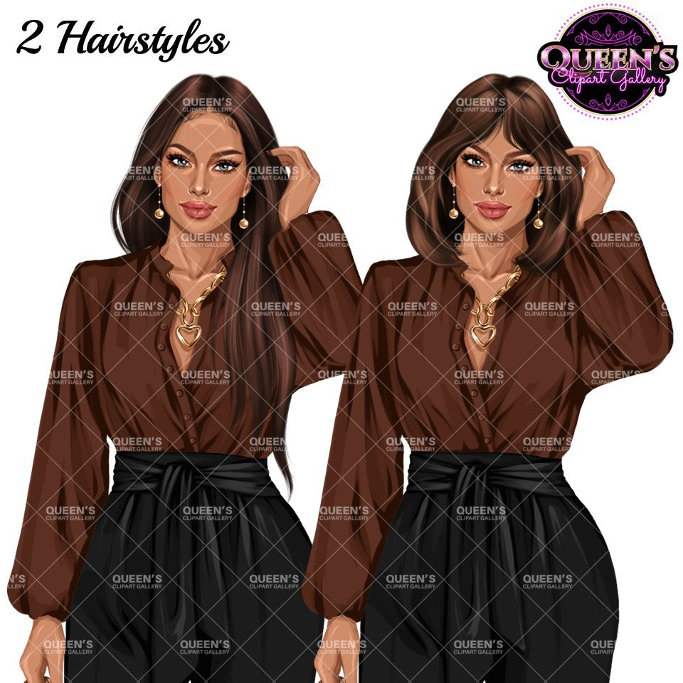 Professional woman clipart featuring long straight hair and short bob hairstyle, brown blouse, black wide-leg pants and gold jewelry.