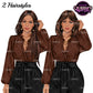 Professional woman clipart featuring long straight hair and short bob hairstyle, brown blouse, black wide-leg pants and gold jewelry.