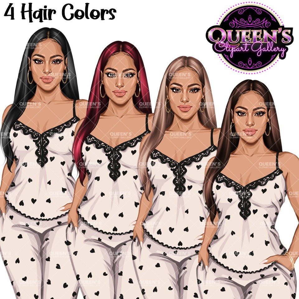 Non-African American white pajama girl clipart PNG featuring a stylish woman in heart print white sleepwear with four hair colors and transparent background. Woman clipart PNG, modern female illustration for planners, websites, educational resources, and commercial use. 