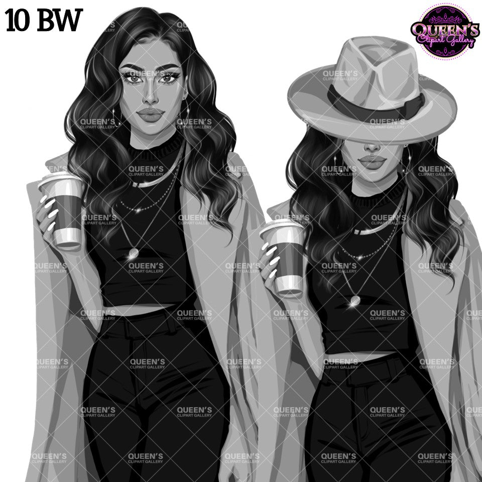 Black and white fashion woman clipart featuring stylish woman with wavy hair, long trench coat, black outfit, coffee cup and wide brim hat.