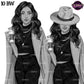 Black and white fashion woman clipart featuring stylish woman with wavy hair, long trench coat, black outfit, coffee cup and wide brim hat.