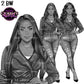 Black and white fashion woman clipart wearing leather jacket and ripped denim jeans with long straight and wavy hairstyles, PNG illustrations with transparent backgrounds
