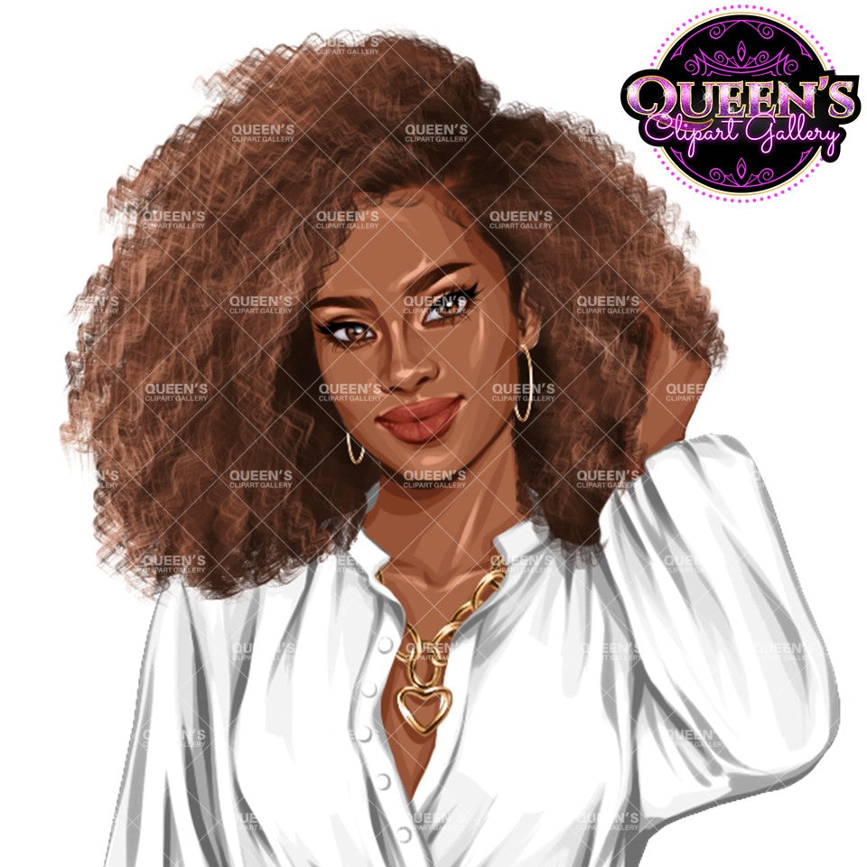 Black woman Afro clipart featuring voluminous natural curly hair, white blouse, gold jewelry and professional business fashion.