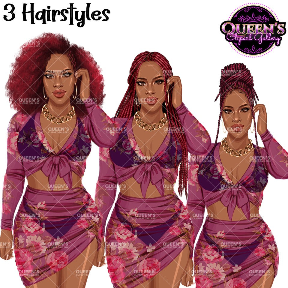Floral swimsuit clipart PNG featuring a stylish African American woman in a floral bathing suit with sheer cover-up, with multiple hairstyles and transparent background. Fashion African American woman clipart PNG, stylish female illustration for planners, websites, branding, and commercial use.