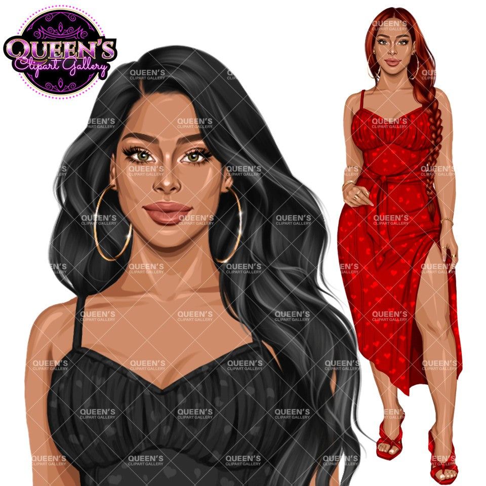 Fashion woman clipart with long black wavy hair wearing an elegant black midi dress with hoop earrings, plus full-body woman in a red dress, PNG images with transparent backgrounds