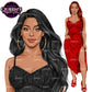 Fashion woman clipart with long black wavy hair wearing an elegant black midi dress with hoop earrings, plus full-body woman in a red dress, PNG images with transparent backgrounds
