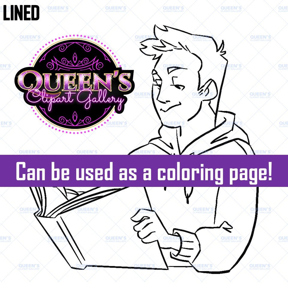 Lined male student reading clipart holding an open book, black and white school illustration that can be used as a coloring page.