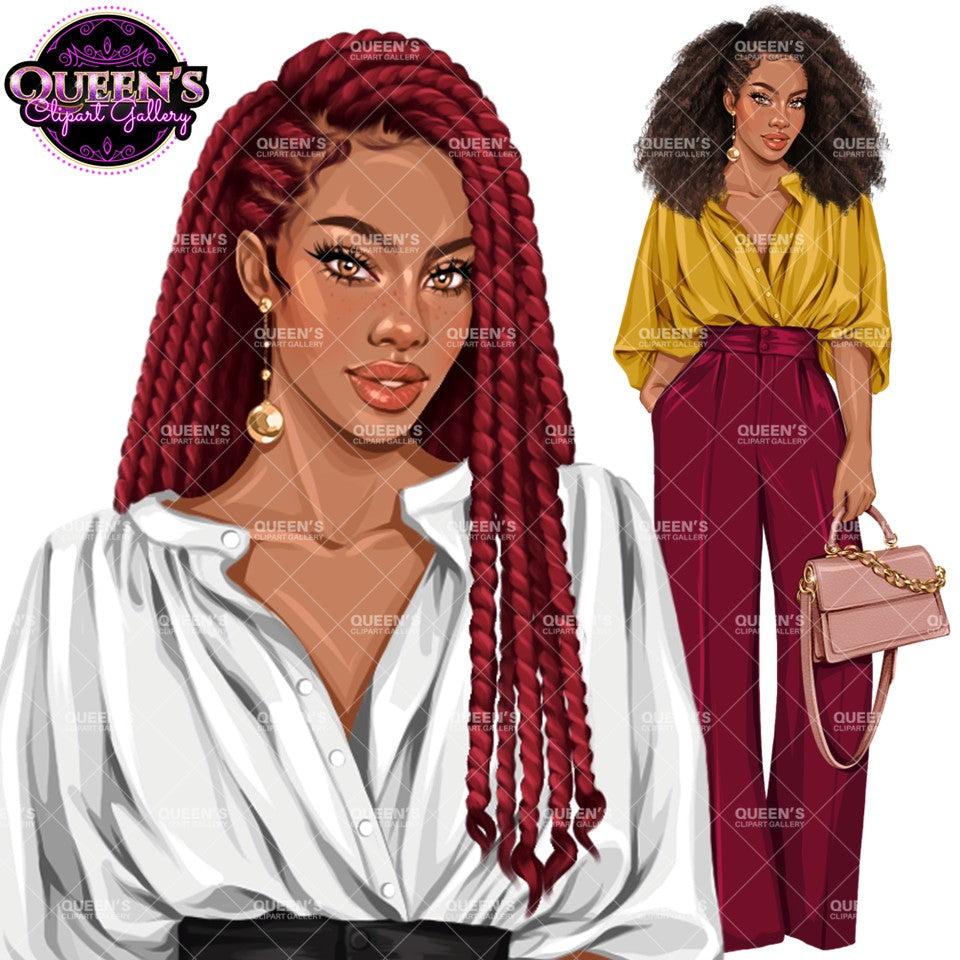 Black professional woman clipart with long burgundy braids, white blouse and gold earrings alongside business woman with natural Afro hair and handbag, transparent background PNG.