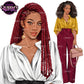 Black professional woman clipart with long burgundy braids, white blouse and gold earrings alongside business woman with natural Afro hair and handbag, transparent background PNG.