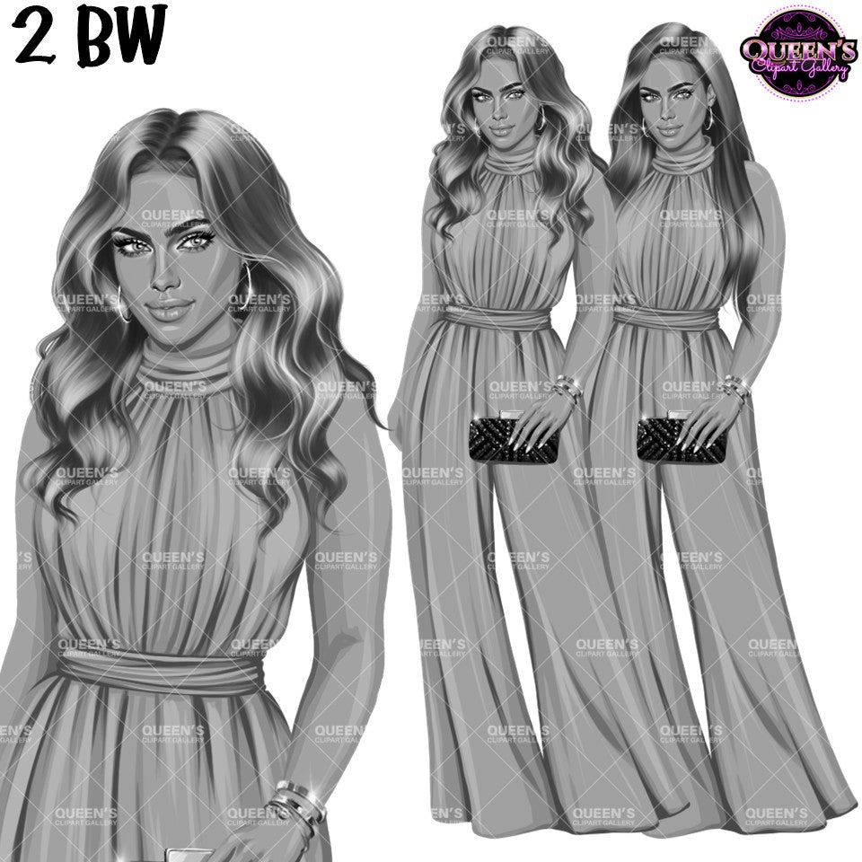 Black and white fashion woman clipart featuring elegant women in stylish high-neck jumpsuits with long hairstyles and clutch purses on transparent backgrounds.