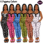 Six African American women modeling matching pajama sets in different colors: black, pink, blue, olive green, tan, and white. Each set has a camisole top with black lace trim and matching pants covered in small black hearts with transparent backgrounds.