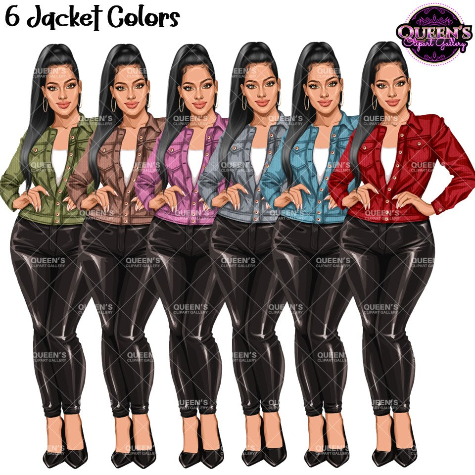 Fashion woman clipart featuring 6 jacket color variations with faux leather pants, stylish casual outfit, and transparent PNG background.