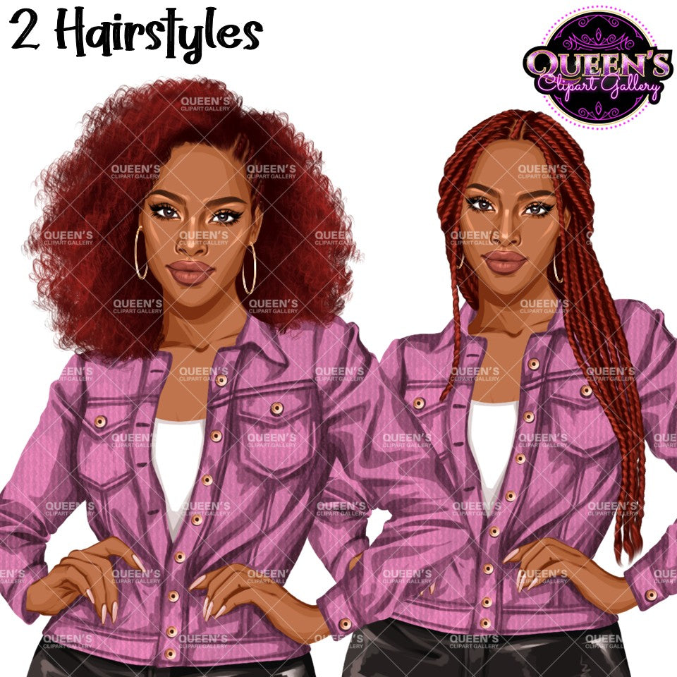 Illustrated comparison of two hairstyles: a voluminous curly red hair on the left and long braided red-brown hair on the right, both shown on a woman wearing a pink striped button-up shirt. Watermarks for 'Queen's Clipart Gallery' are visible across the image.