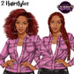 Illustrated comparison of two hairstyles: a voluminous curly red hair on the left and long braided red-brown hair on the right, both shown on a woman wearing a pink striped button-up shirt. Watermarks for 'Queen's Clipart Gallery' are visible across the image.