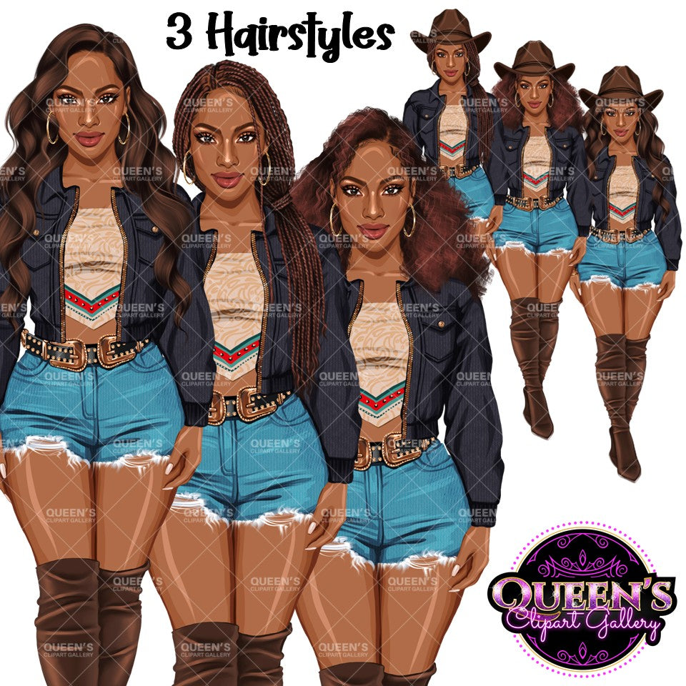 Western Cowgirl Woman Clipart PNG | Afro Country Girl Clipart | Black Cowgirl Fashion Illustration | Southern Woman Clipart