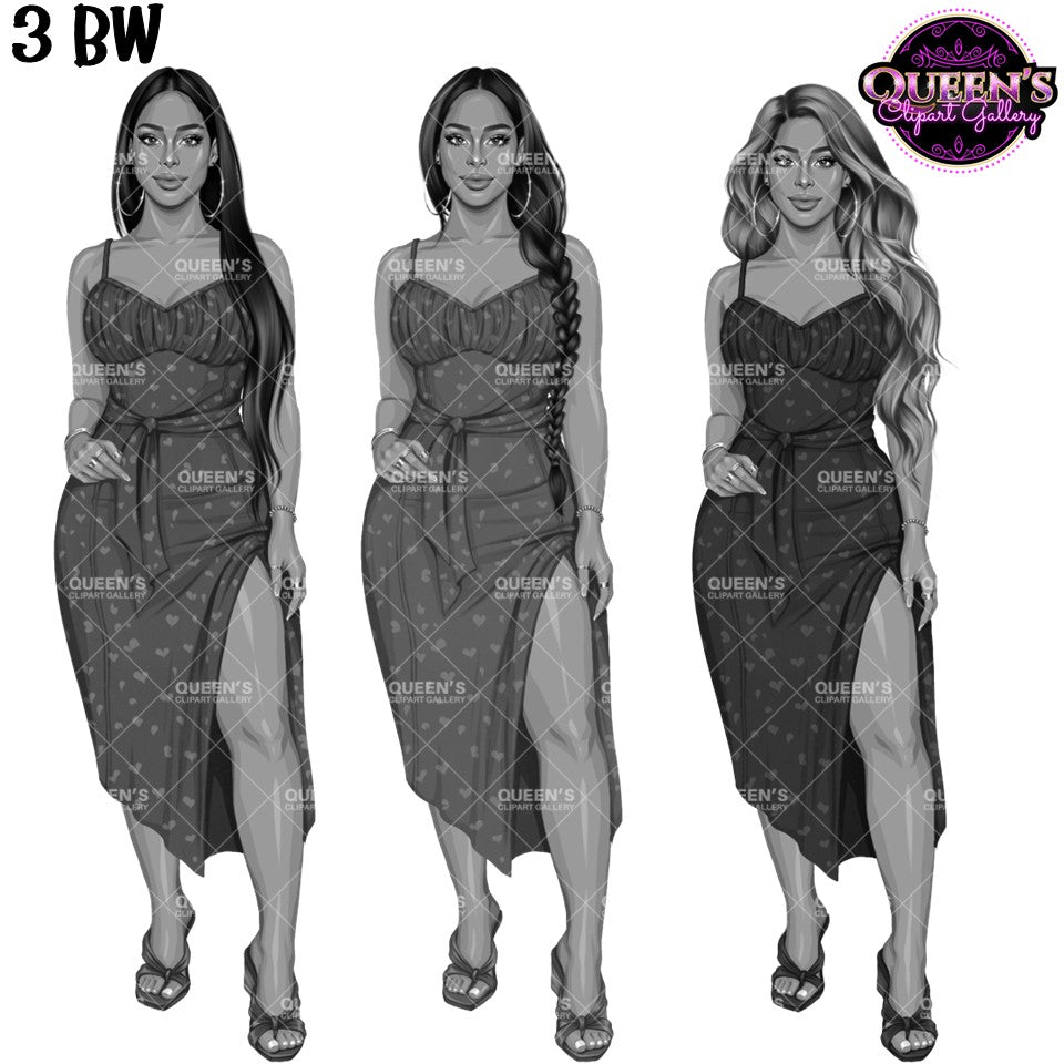 Black and white fashion woman clipart wearing elegant midi dresses with side slits, featuring straight, braided and long wavy hairstyles, PNG images with transparent backgrounds