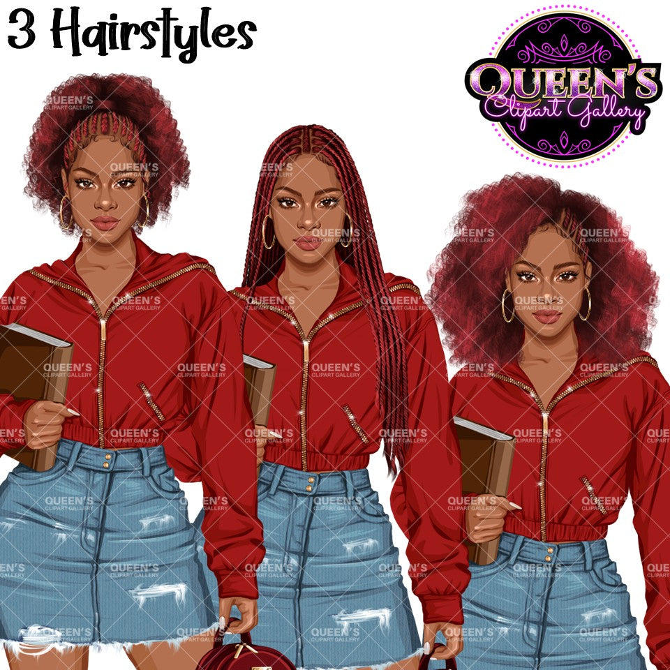 Afro Teen Girl Clipart PNG | Teen Girl in Denim Skirt | Black Teen Girl Clipart | High School Girl Graphics | Fashion Teen PNG