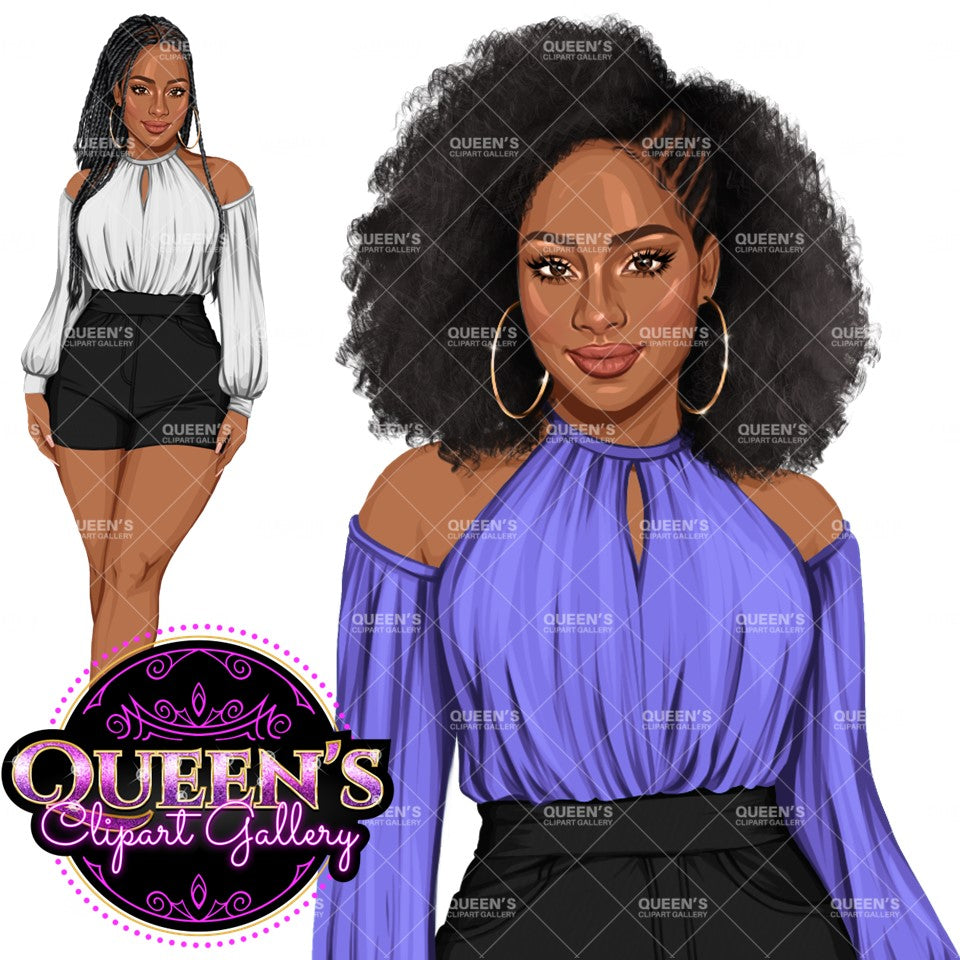 Girl boss | Lady boss | Afro girl clipart | Fashion girl clipart | Fashion illustration | Curvy girl | Woman in shorts | African American Woman