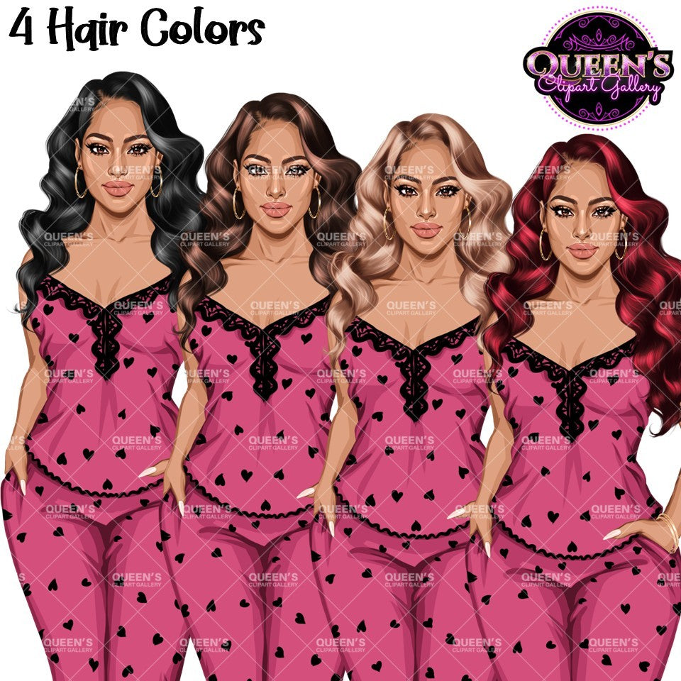 Non-African American white pajama girl clipart PNG featuring a stylish woman in heart print pink sleepwear with four wavy hair colors and transparent background. Woman clipart PNG, modern female illustration for planners, websites, educational resources, and commercial use. 