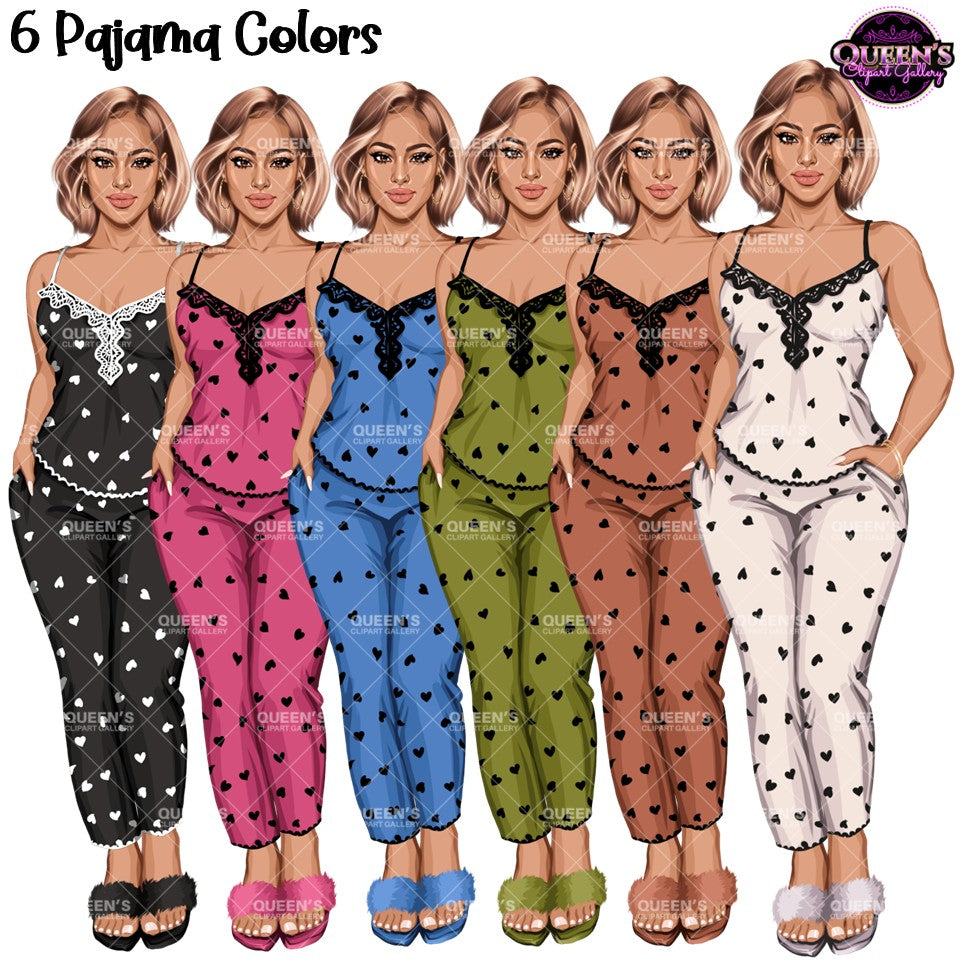 Six women modeling matching pajama sets in different colors: black with white hearts, pink with black hearts, blue with black hearts, olive green with black hearts, brown with black hearts, and white with black hearts. Woman have bob haircuts in blonde hair with transparent backgrounds.