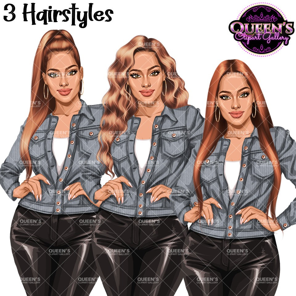 Fashion woman clipart featuring 3 hairstyle variations with a casual jacket, faux leather pants, and transparent PNG background.