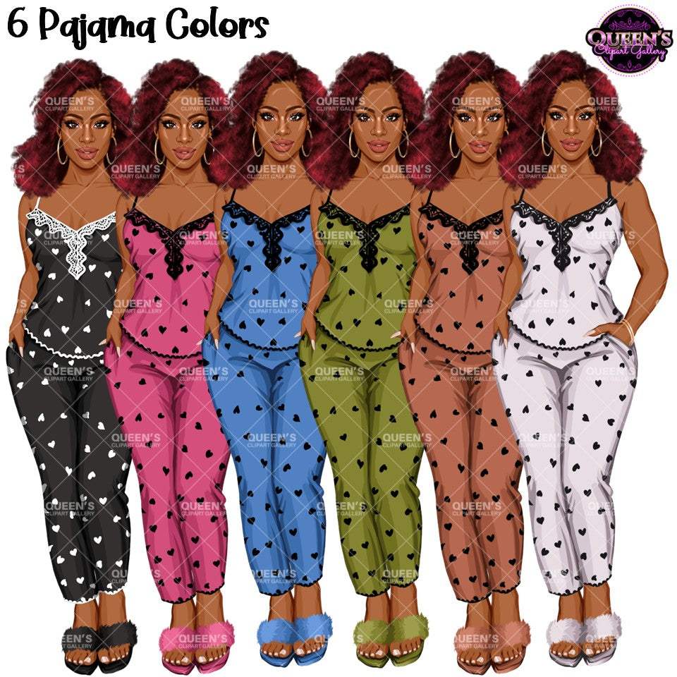 Six African American women modeling matching pajama sets in different colors: black, pink, blue, olive green, tan, and white. Each set has a camisole top with black lace trim and matching pants covered in small black hearts with transparent backgrounds.